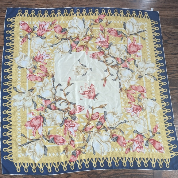 Vintage Accessories - Vintage 100% Silk Floral Scarf 42” Square Navy Gold Rope Border Large